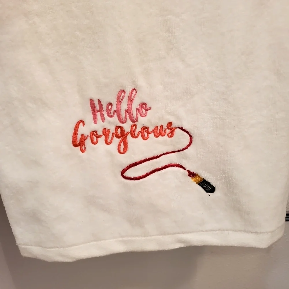 White Towels with Embroidered 'Hello Gorgeous'